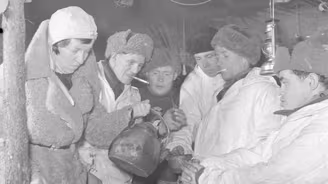 Lotta jakamassa kahvia Nautsissa, Höyhenjärvellä 1940.