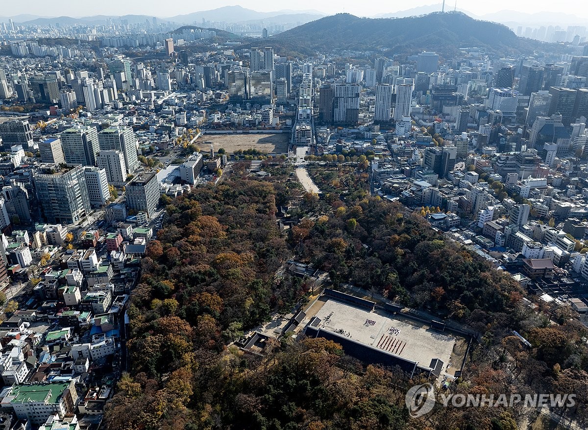 종묘 너머로 보이는 세운상가와 재개발 구역